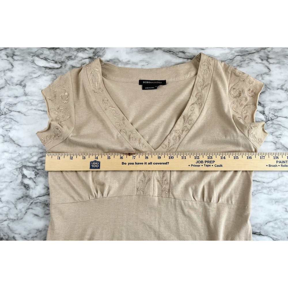 BCBGMaxazria Y2K Babydoll V-Neck Embroidered Short Sleeve Tunic Top Medium Beige - Picture 7 of 8